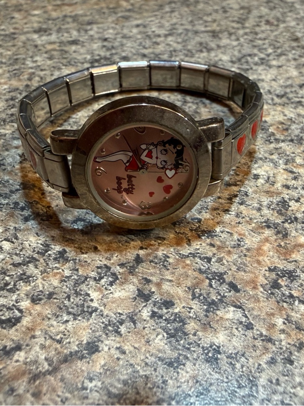 Betty Boop Silver Watch with Pink Dial and Red Heart Accents